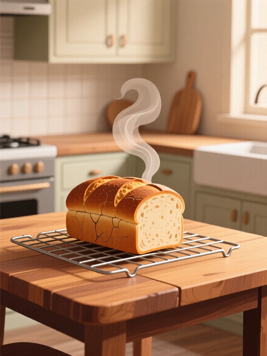 A tidy kitchen with a fresh loaf of bread cooling on a rack, placed on a rustic wooden table with warm tones, arranged with soft curves and gentle organic lines, with subtle steam rising to add a warm, lived-in feel.