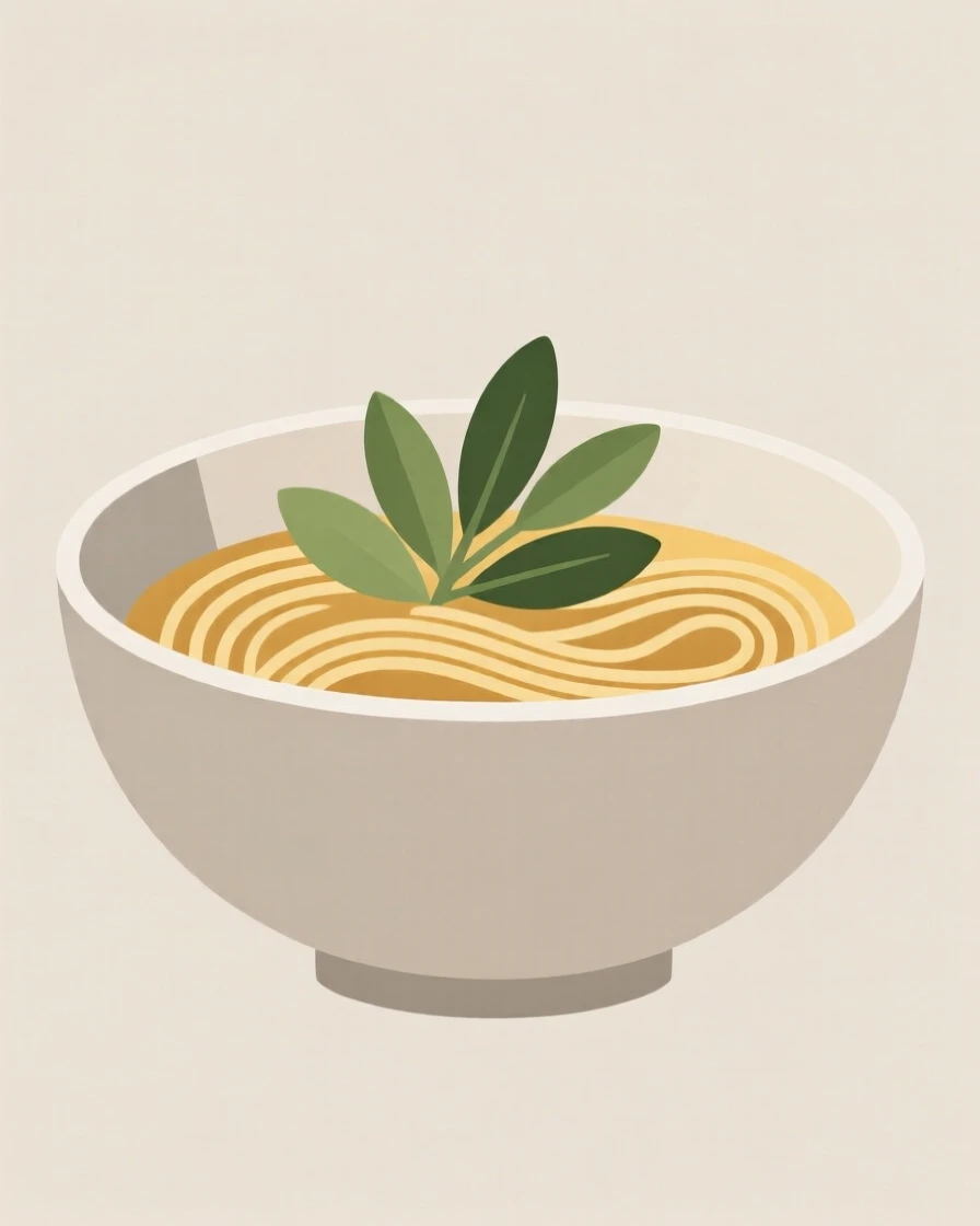 A bowl of noodle soup with fresh herbs