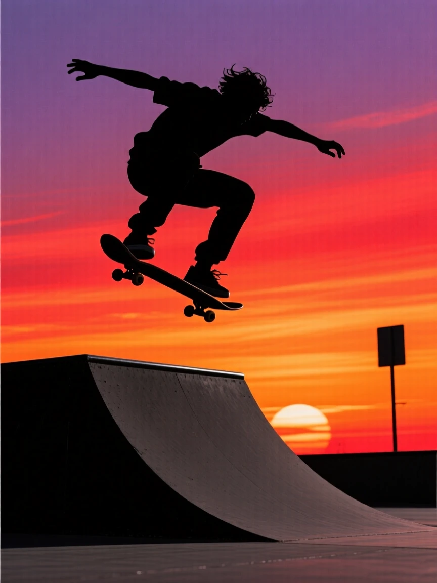 A skateboarder catching air mid-trick above a concrete ramp.