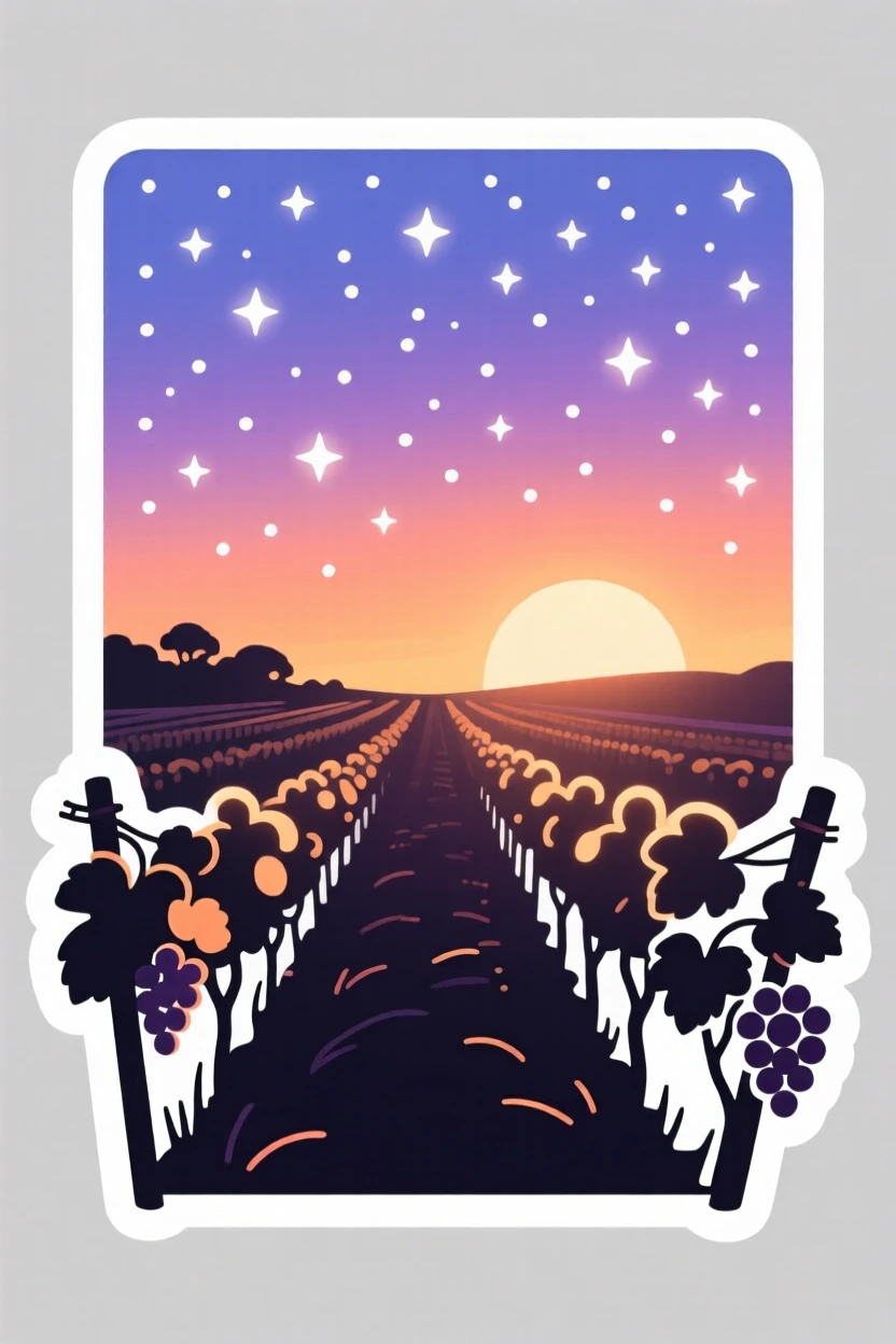 A softly glowing vineyard rows under a warm sunset, under a blanket of twinkling stars, where the air feels crisp and fresh.