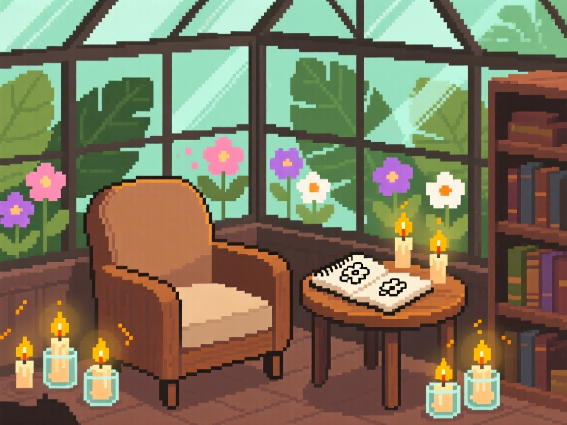 A cozy library alcove surrounded by candles and open sketchbooks, in a greenhouse full of blooming flowers.