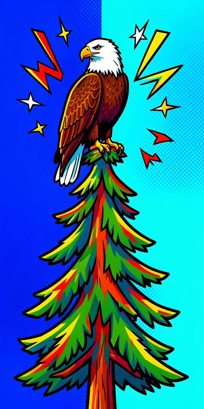 A bald eagle perched majestically atop a tall pine tree