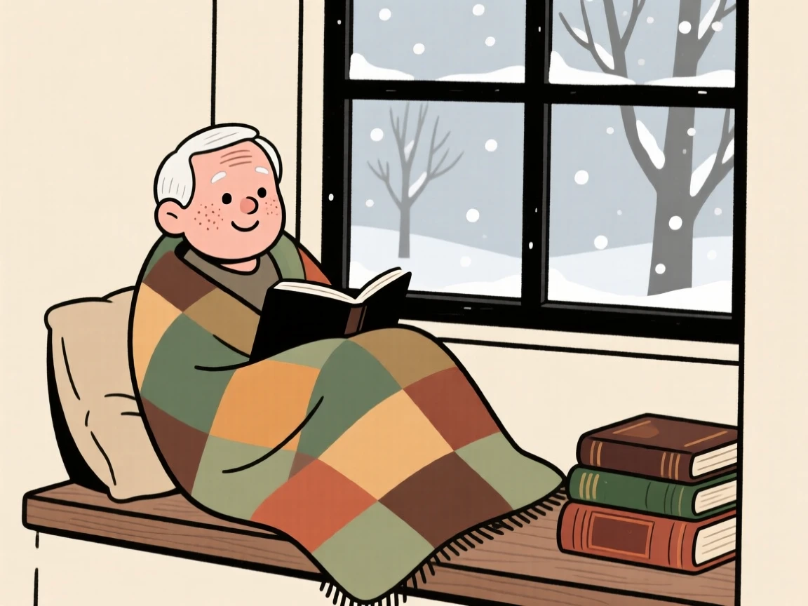 A elderly man curls up in a reading nook beside a stack of old books, wrapped in a patchwork blanket while watching snow fall outside.
