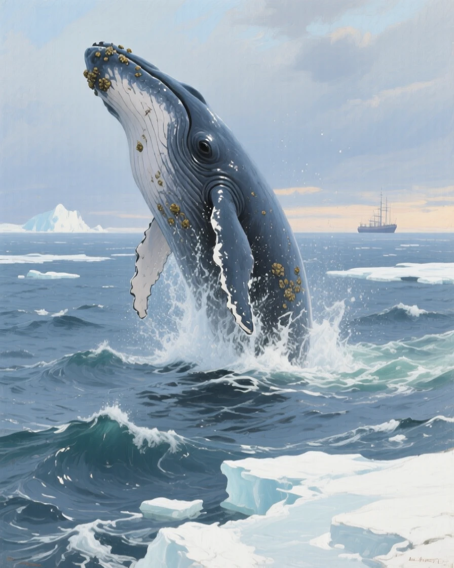 A grand panoramic scene of a whale breaching the surface of a vast open ocean, in deep winter, in the 1940s.