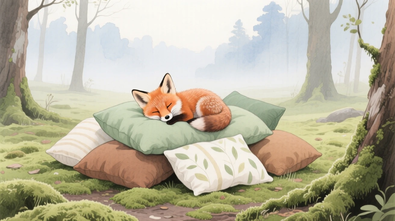 A baby fox rests atop a pile of pillows in a mossy forest clearing, as morning mist rises in the background