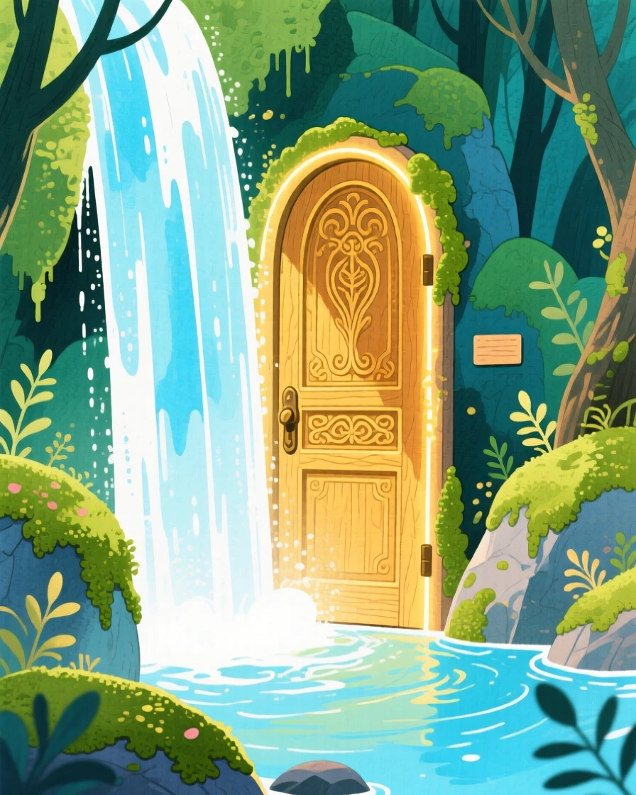 A secret door hidden behind a waterfall, mysterious and inviting.