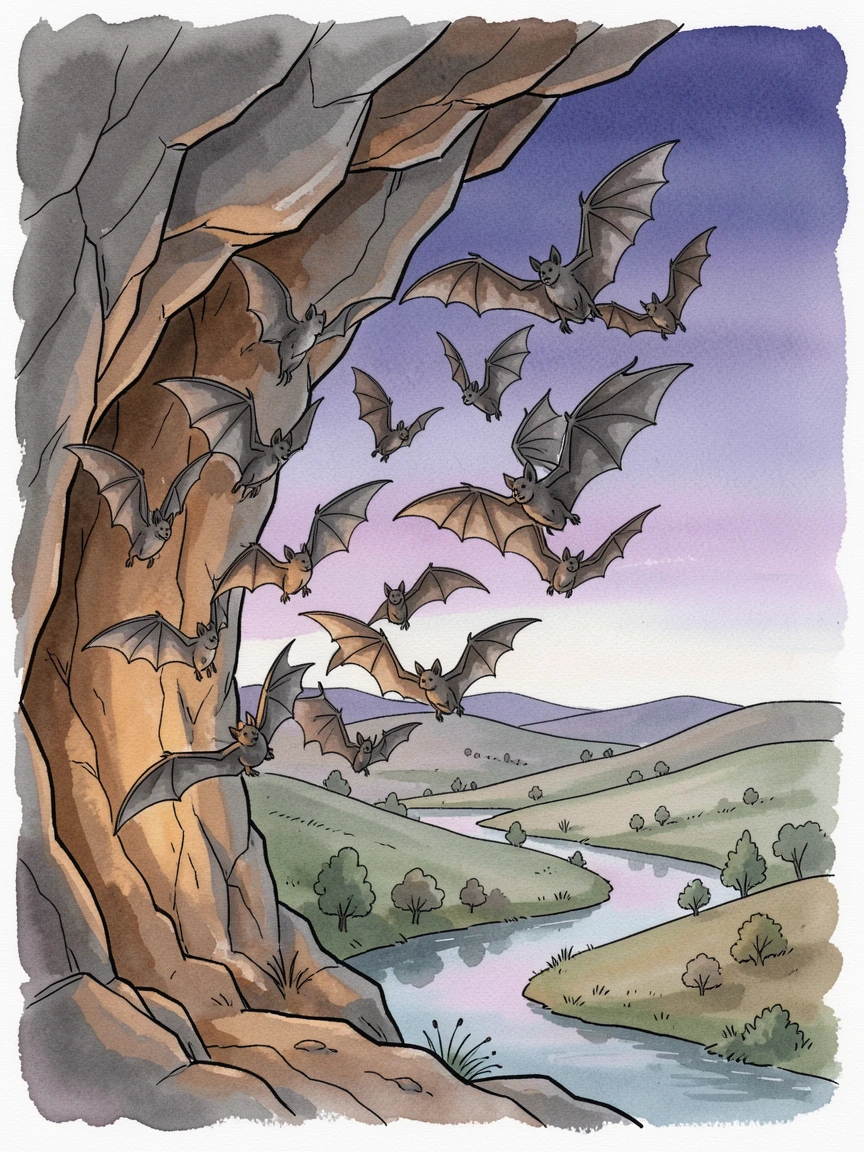 A colony of bats swirling out from a cave entrance at dusk, the surrounding landscape stretching wide and open behind them.