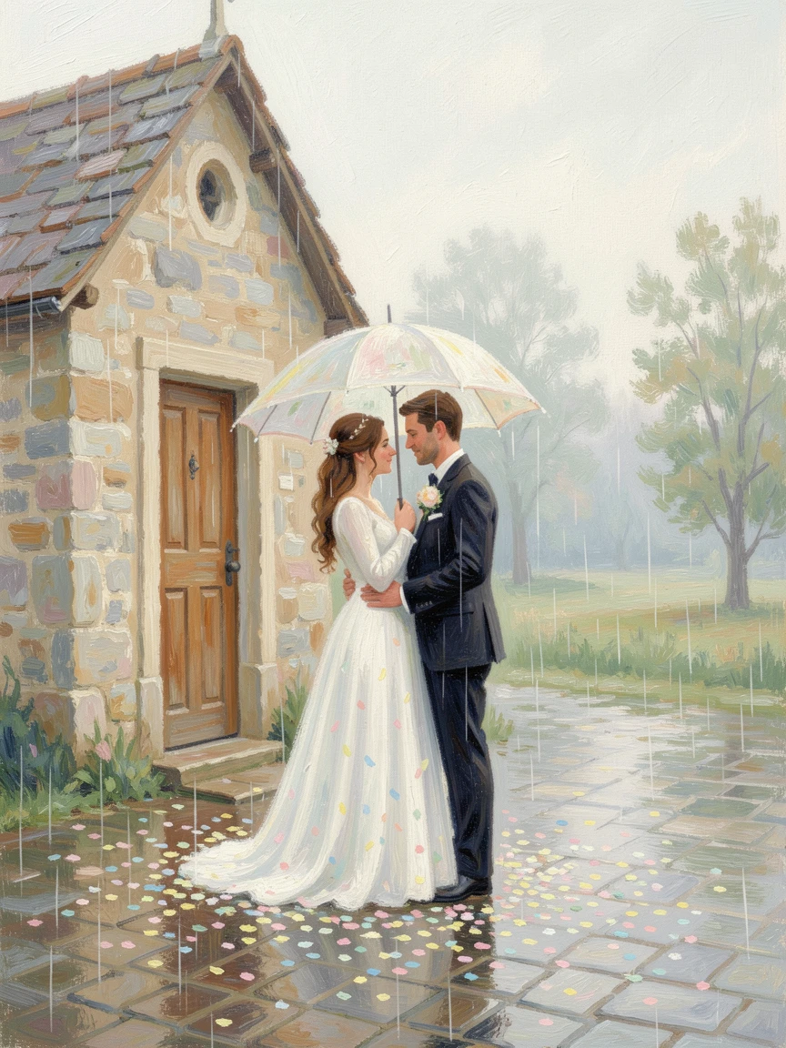 A pair of newlyweds sharing an umbrella in the rain outside a small chapel, confetti scattered at their feet.