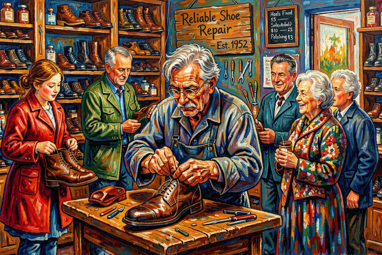 A busy shoe repair shop where an old cobbler works while customers wait and chat.