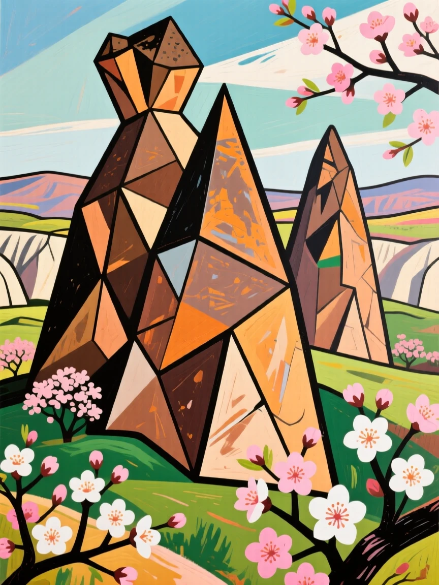 A breathtaking view of Cappadocia's rock formations, surrounded by blooming spring blossoms.