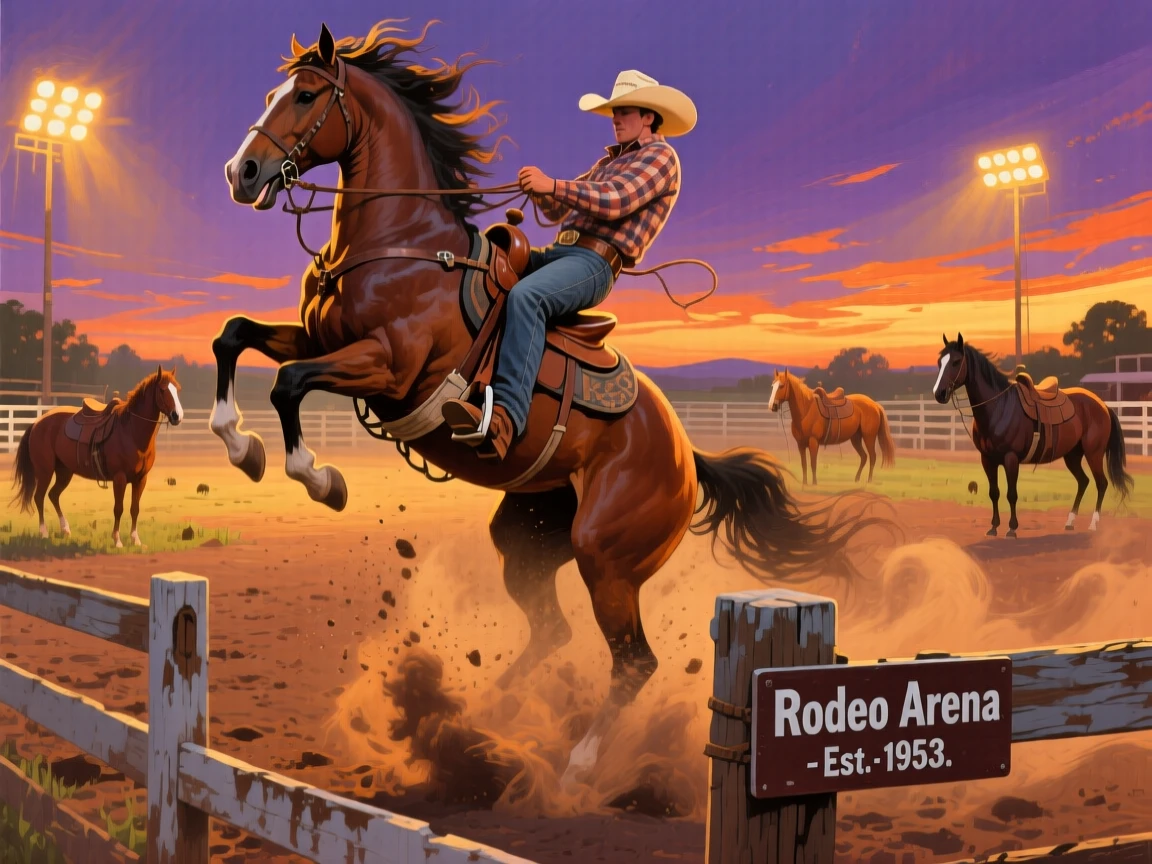 A spirited rodeo horse bucks energetically in an arena at dusk, dust illuminated by stadium lights as the rider holds tight, other members of its group visible nearby, reinforcing the social nature of the scene.
