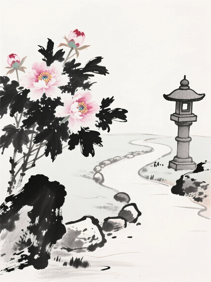 Peonies bloom beside a winding garden path lined with smooth stones, with a stone lantern standing quietly nearby.