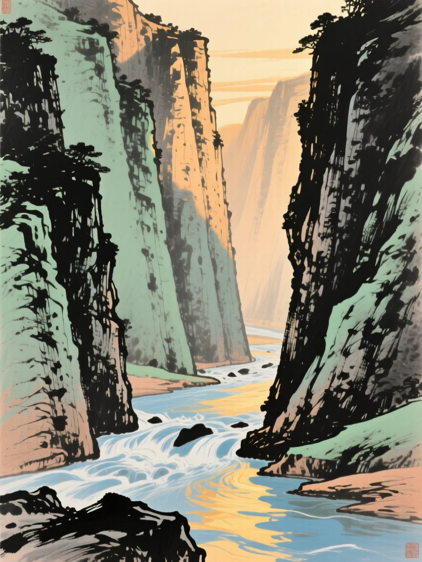 A deep gorge with sheer rock walls and a rushing river below, in the last golden light of day.