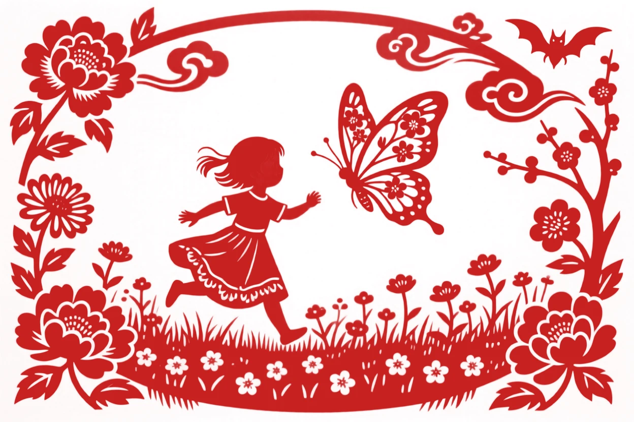 A little girl in a red dress chasing a butterfly through a field of wildflowers, arms outstretched