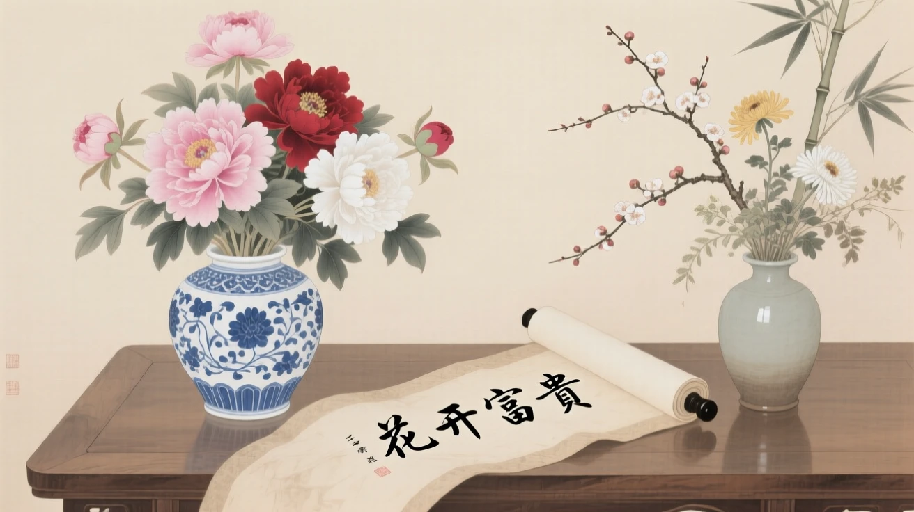 A vase of peonies beside an open scroll beside a vase of freshly cut flowers