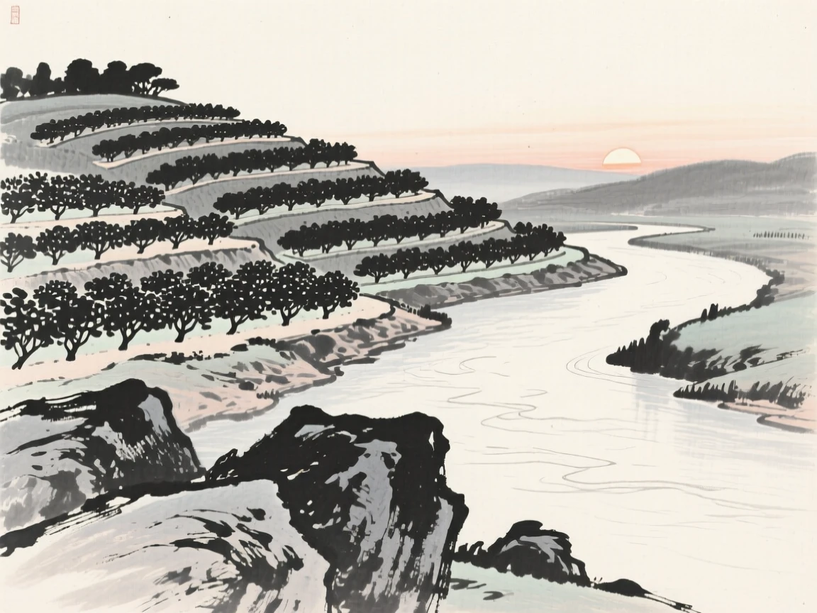 A stepped hillside orchard overlooking a quiet river bend in the stillness just before sunrise, framed low, with the foreground rocks leading the eye toward the distance, suggesting the quiet vastness of the natural world.