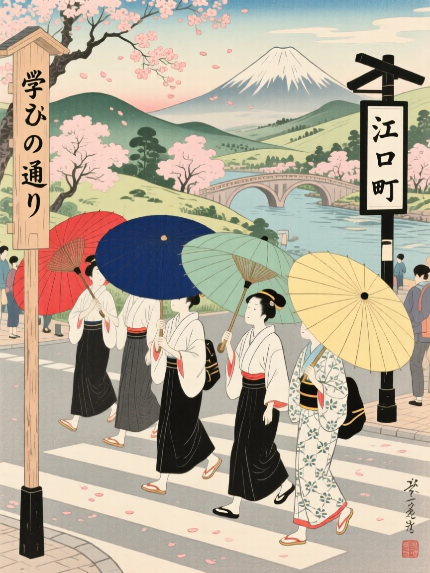 A group of students crossing a busy intersection beneath a canopy of umbrellas.