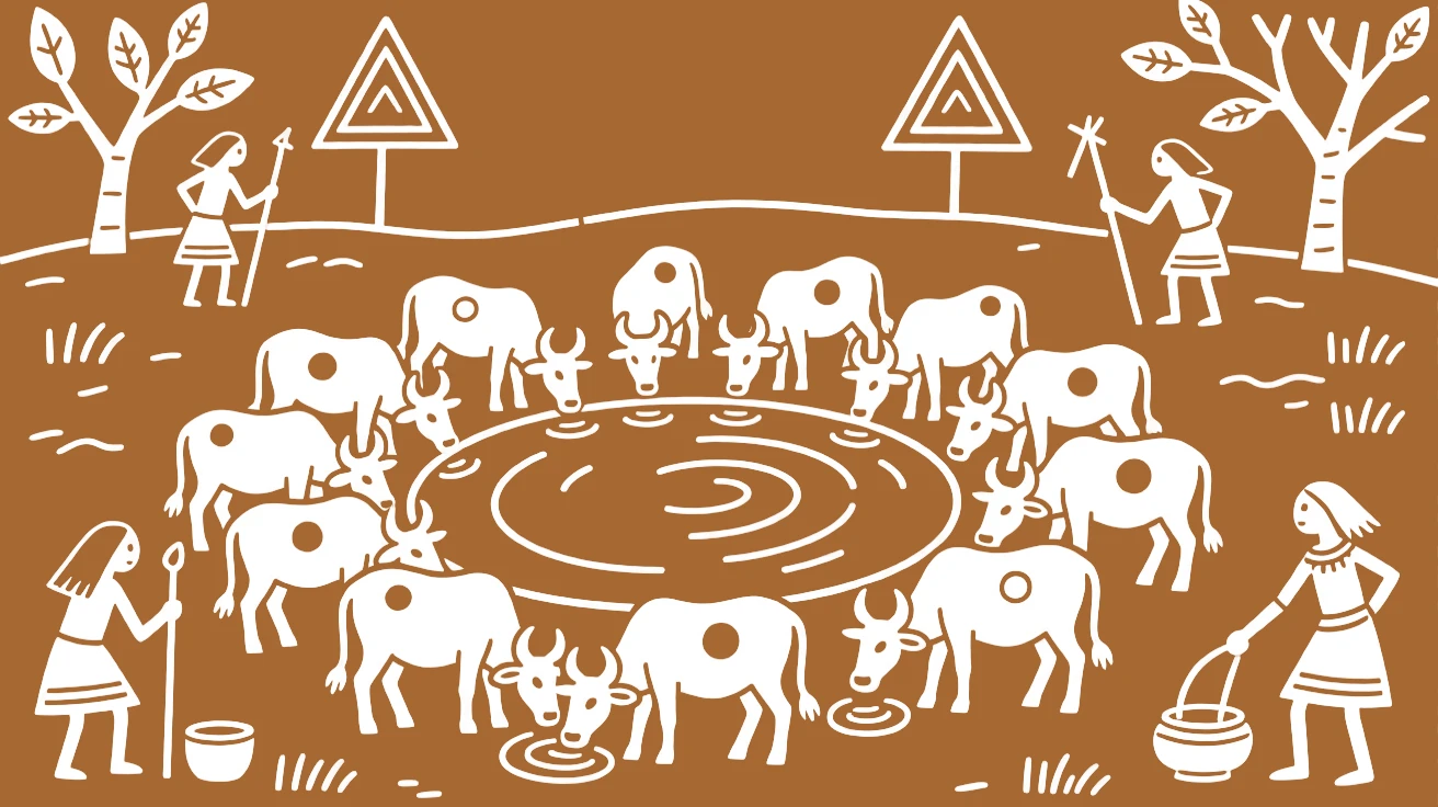 A herd of grazing cattle gathering at a watering hole.