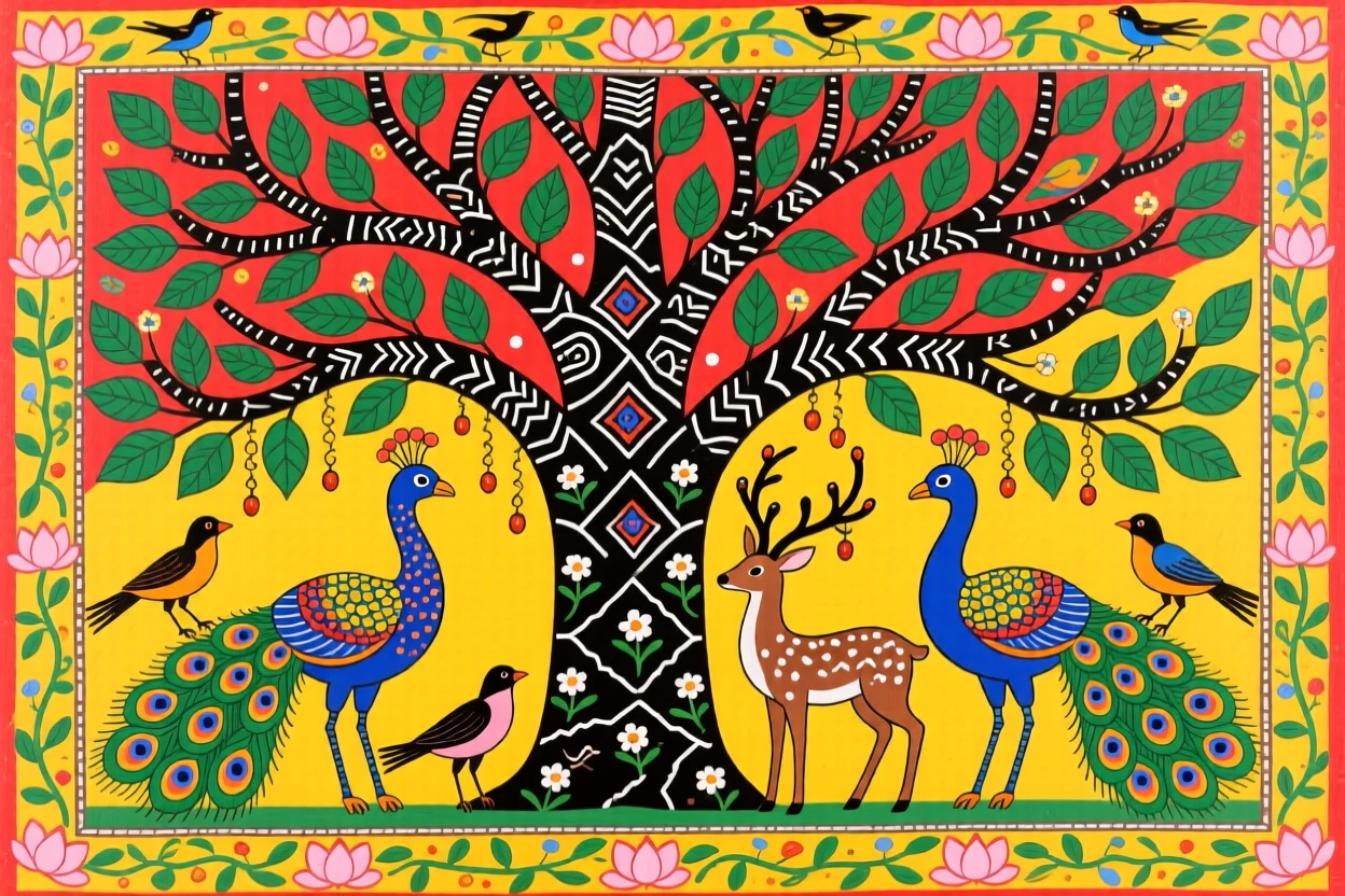 Birds, deer, and peacocks gathered beneath the branches of a great sacred tree.