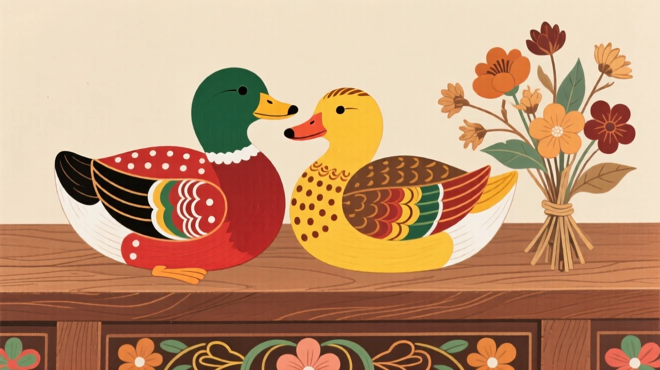 A hand-carved wooden duck pair set on a mantle beside dried flowers.