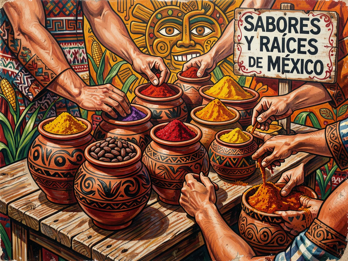 A table of traditional pottery filled with colorful spices