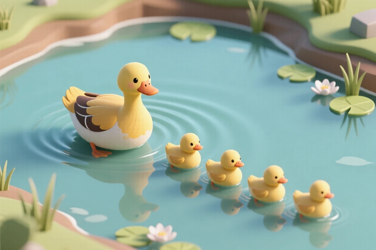 A group of ducklings following their mother across a still pond, leaving gentle ripples trailing behind them.