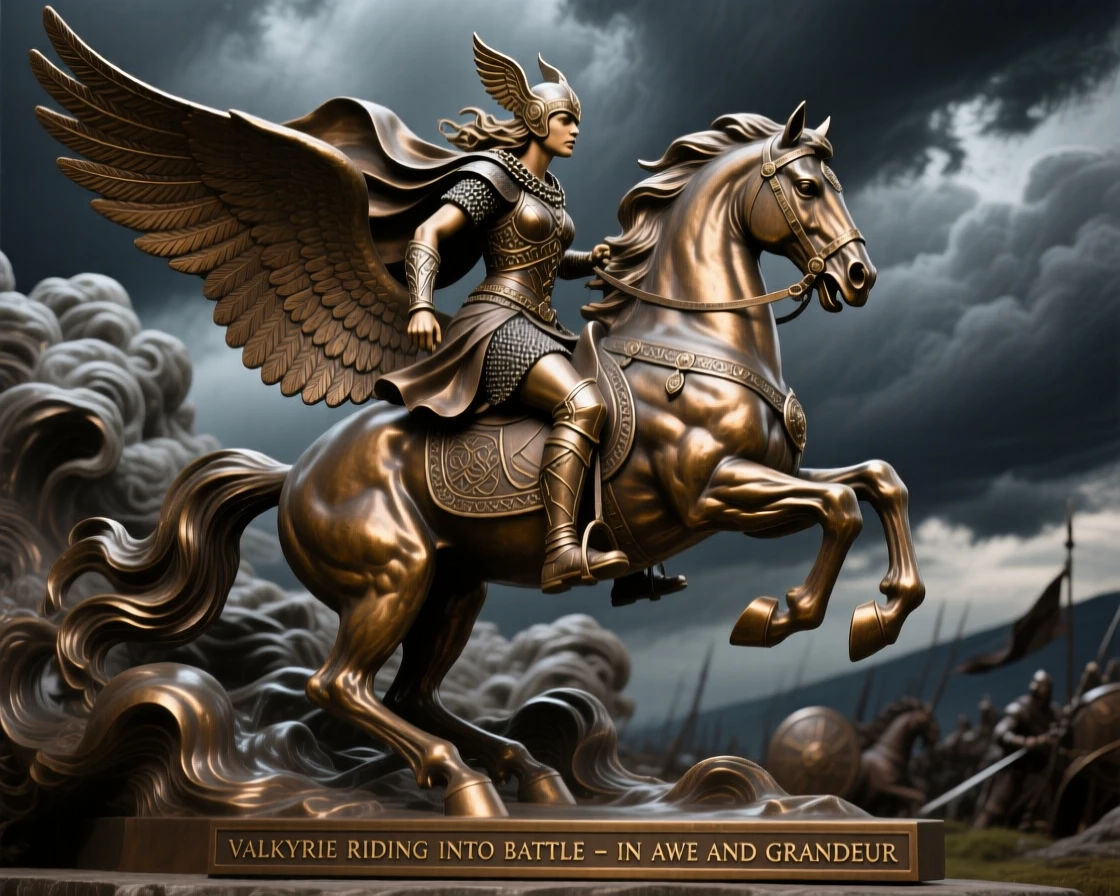 A valkyrie riding into battle on a winged steed, framed by dramatic storm clouds, radiating awe and grandeur