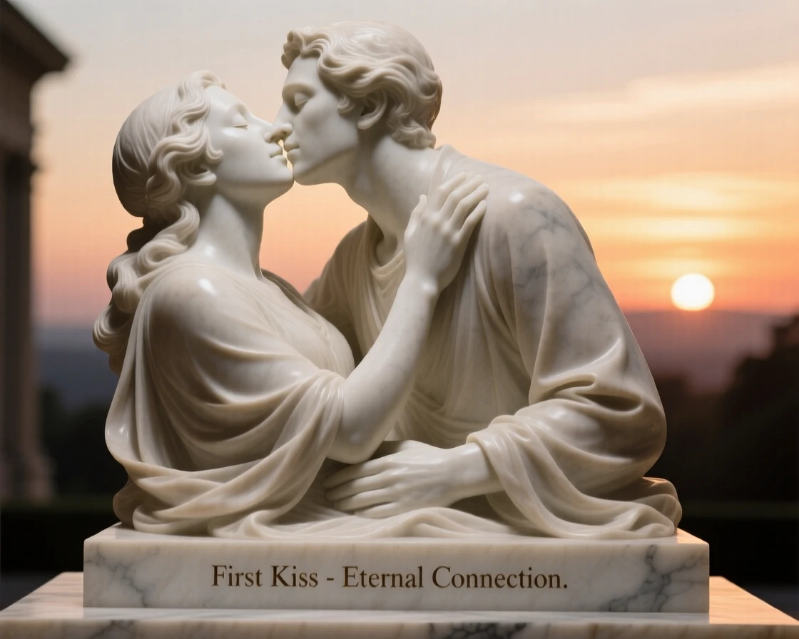 An emotionally powerful scene of a couple sharing their first kiss at sunset, filled with warmth, tenderness, and connection