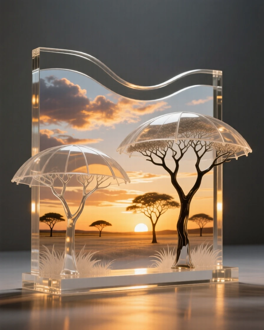 A savanna at golden hour with acacia trees silhouetted under a dramatic sky with shifting clouds, wide panoramic composition, feeling expansive and awe-inspiring.