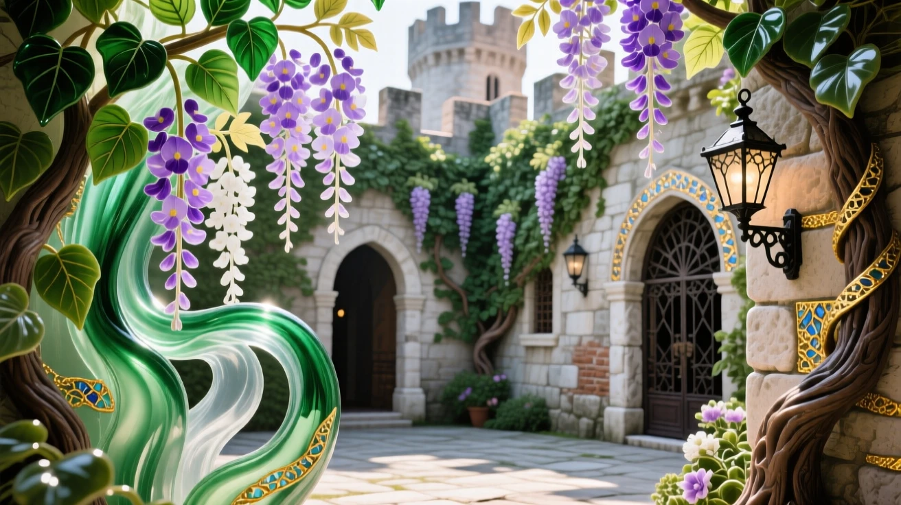 A stone castle courtyard covered in ivy and blooming wisteria, romantic and timeless.
