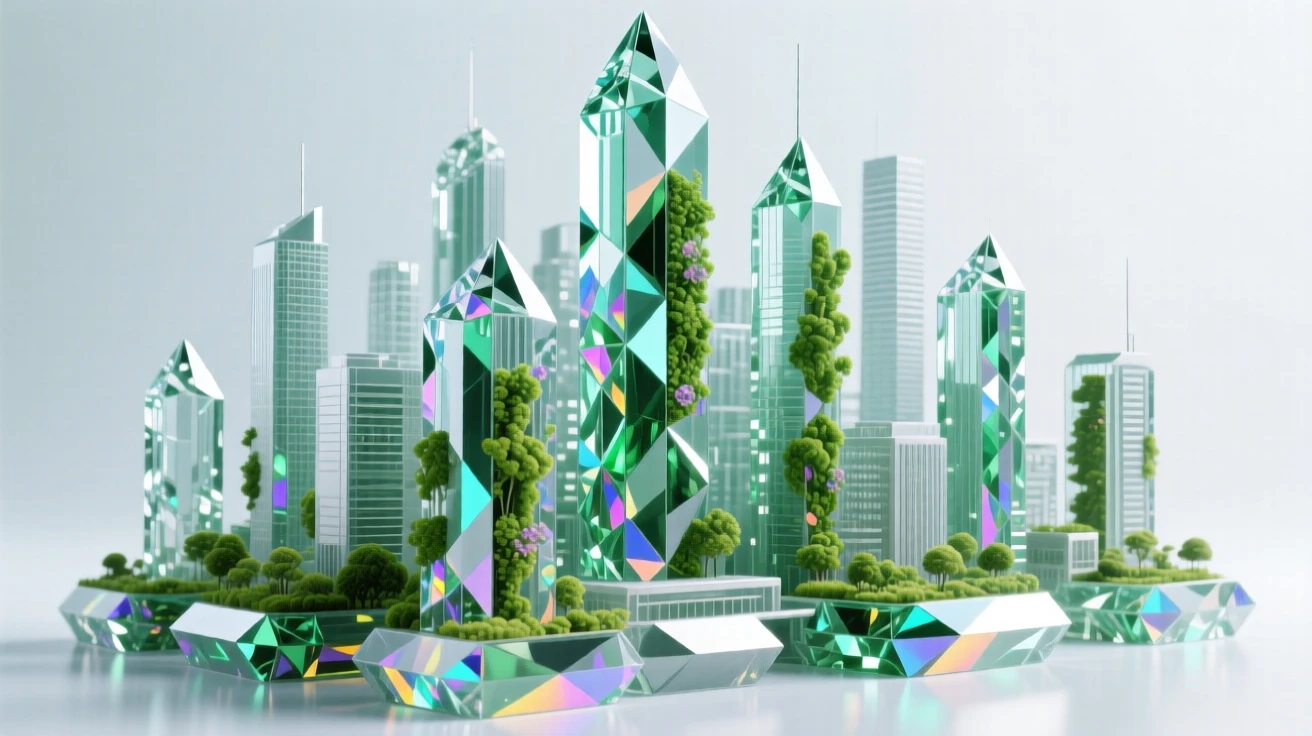 A futuristic eco-city skyline with vertical gardens covering every building facade.