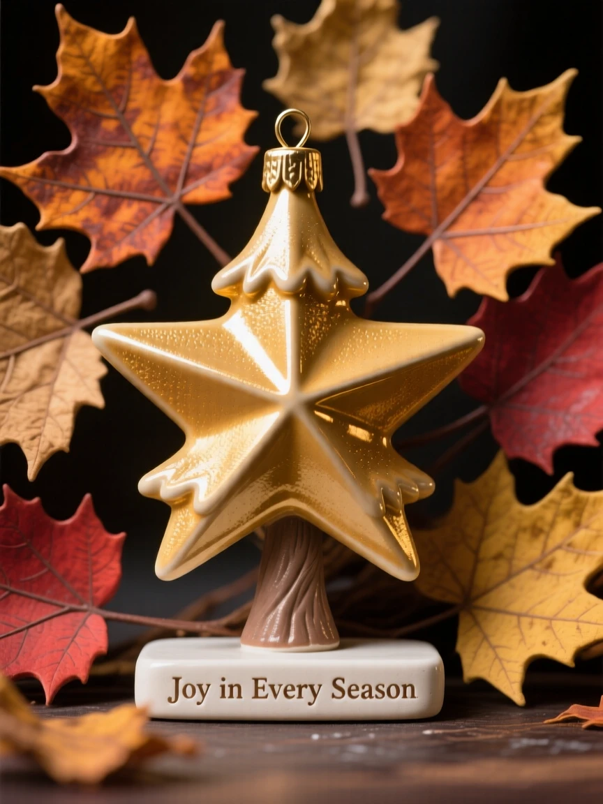 A Christmas tree ornament shaped like a tiny star captured mid-celebration with joyful energy, framed by autumn leaves in warm hues, capturing the magic of a beloved seasonal moment.