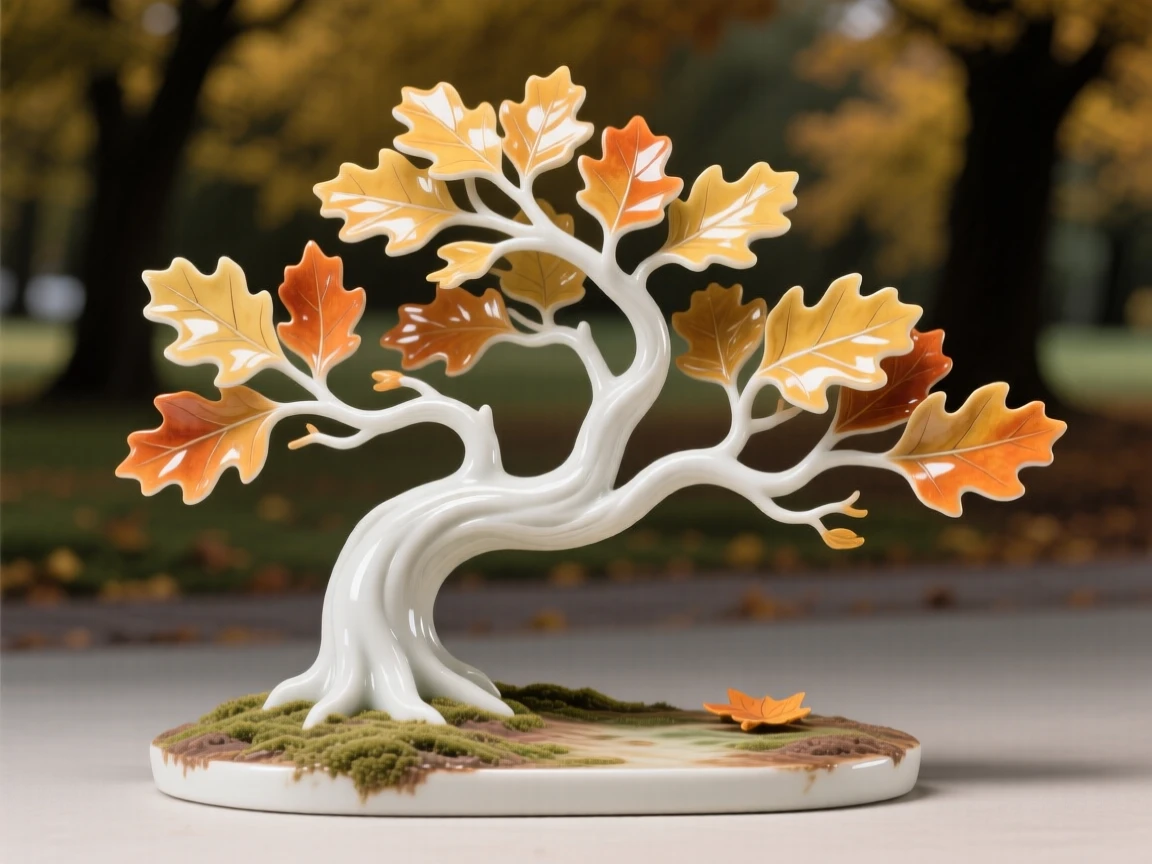 A wind-swept oak tree glowing with autumn color in a golden autumn park.