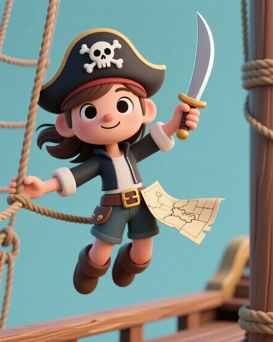 A swashbuckling pirate swings from a ship's rigging, cutlass raised as a treasure map flutters from her belt.