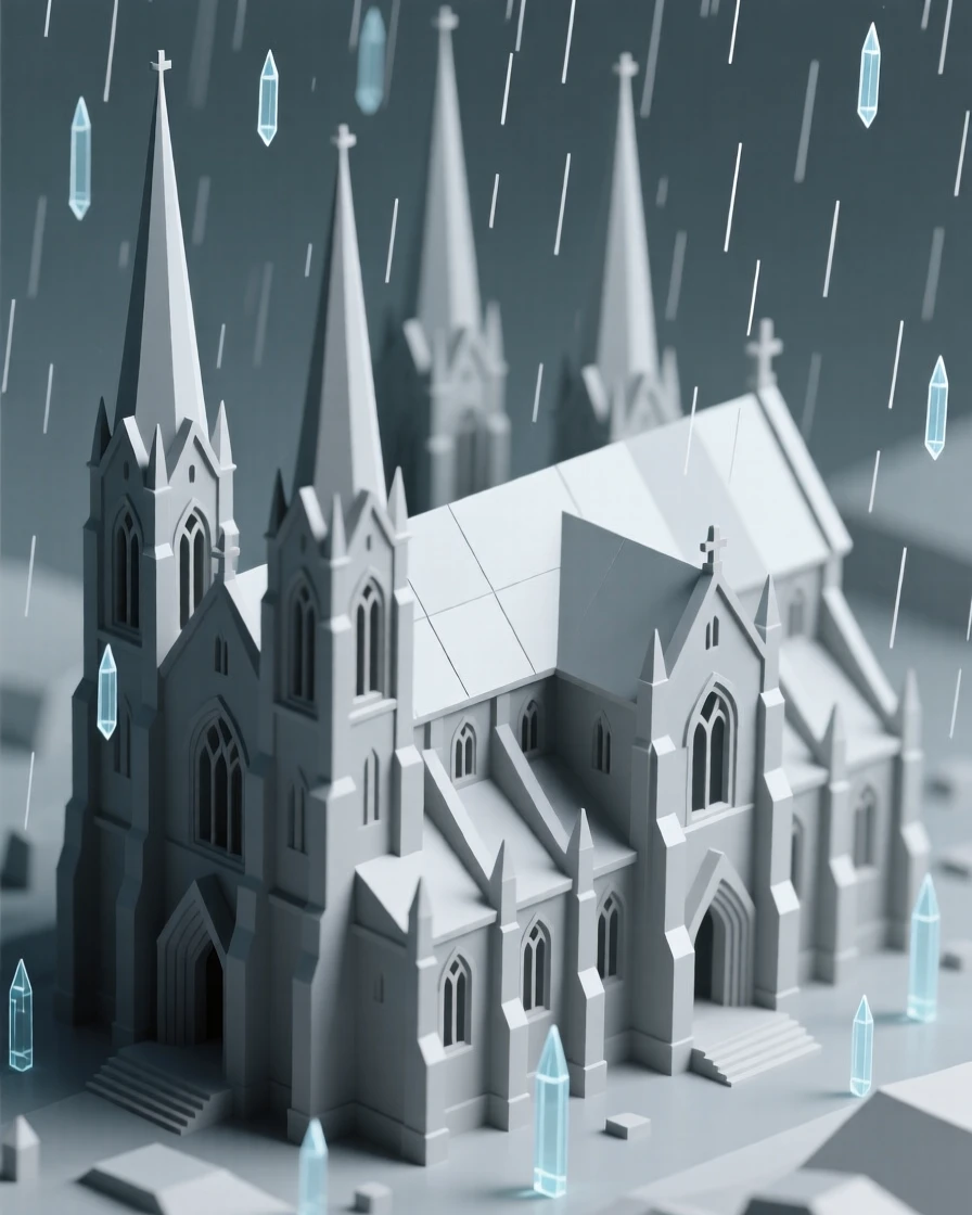 A grand cathedral with soaring stone spires, under a gentle evening rain. the composition highlights layered rooftops and textures. The atmosphere is peaceful and inviting.