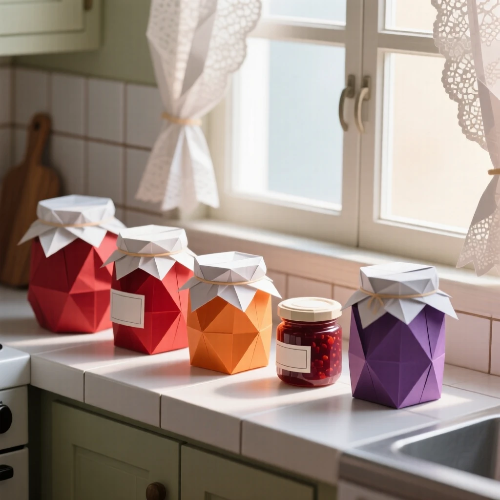 A grandmother's kitchen with jars of preserves lined along a windowsill catching morning light.
