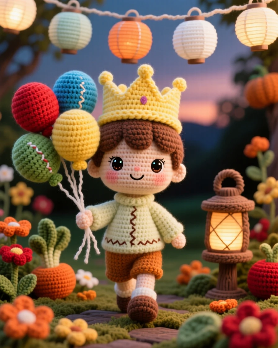 a small child with a birthday balloon bouquet, wearing a paper crown, walking through a garden party, set in a lantern-lit harvest festival at dusk, with a cluster of paper lanterns swaying gently, full of cozy holiday warmth and togetherness.