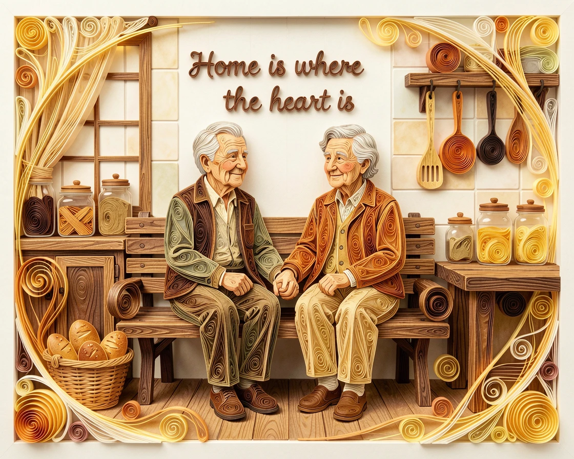 an elderly couple holding hands on a park bench, in a cozy kitchen filled with the smell of fresh bread, composed with warm golden light wrapping around the scene, in a warm, nostalgic color palette.