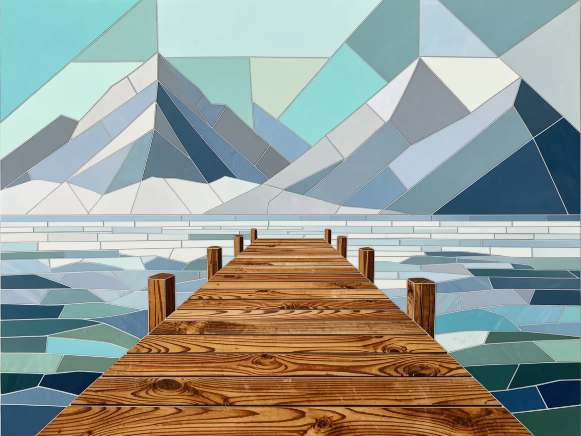 A rustic wooden dock extending into a mist-covered mountain lake.