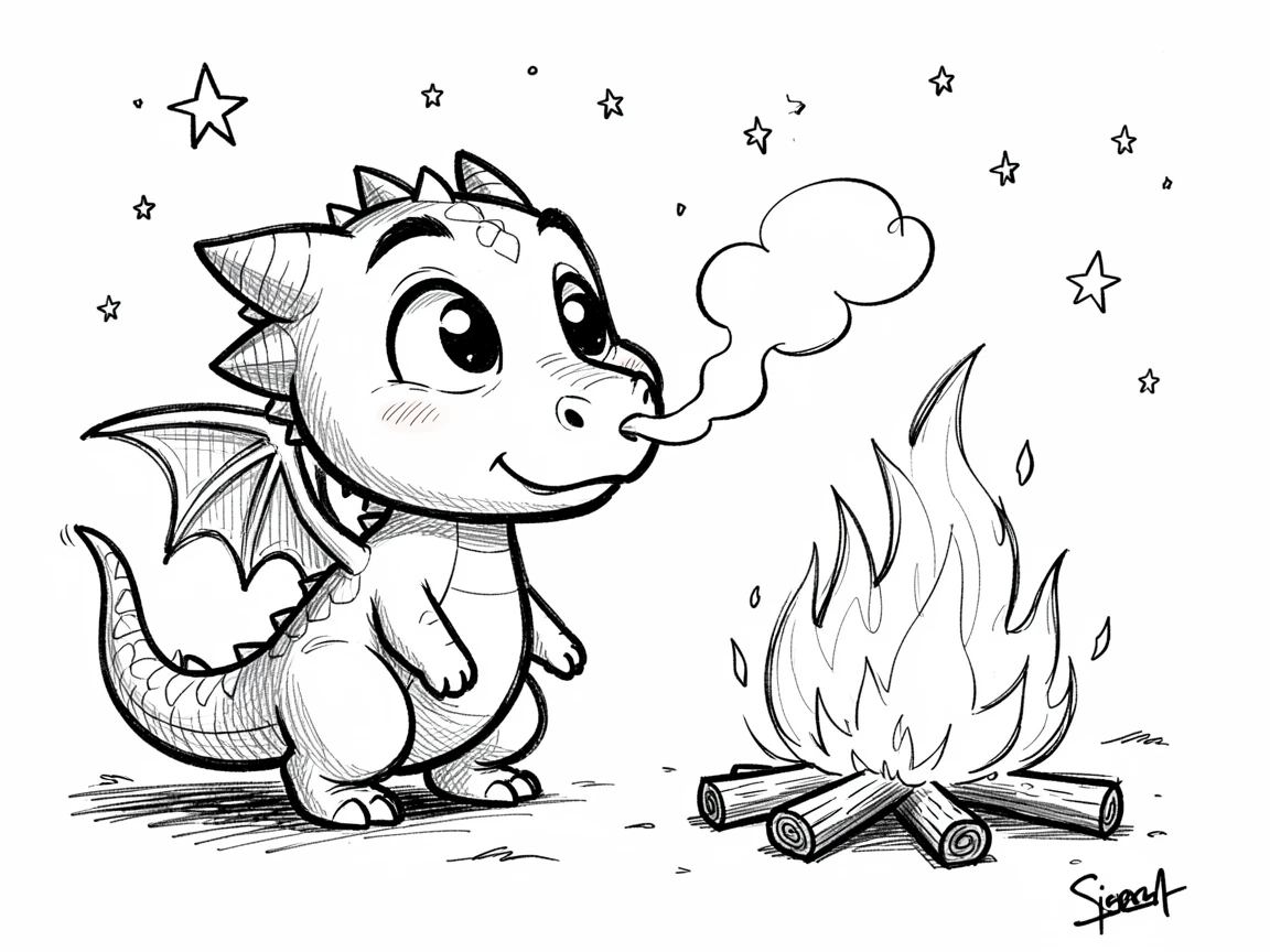 A baby dragon learning to breathe its first puff of smoke beside a bonfire under starlight.