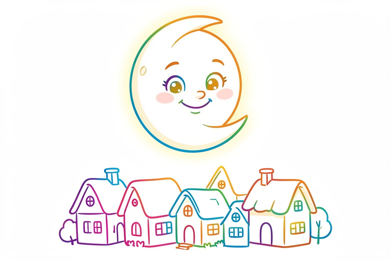 A round-faced moon character smiling down over a sleepy village.