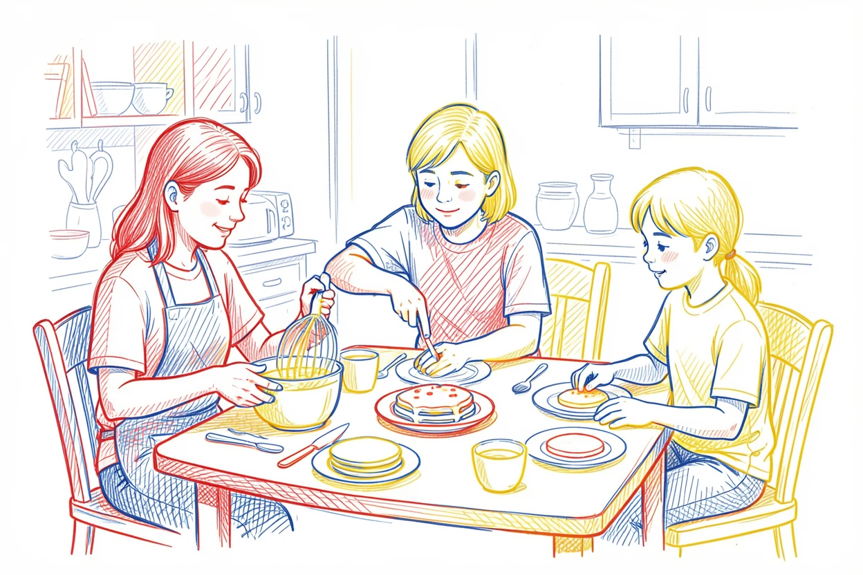 A family making pancakes together on a lazy Sunday morning