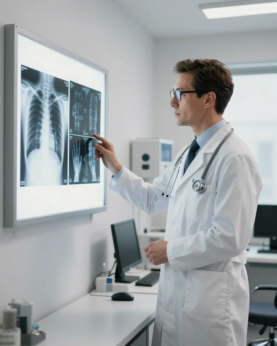 A doctor reviewing X-rays on a lit display panel
