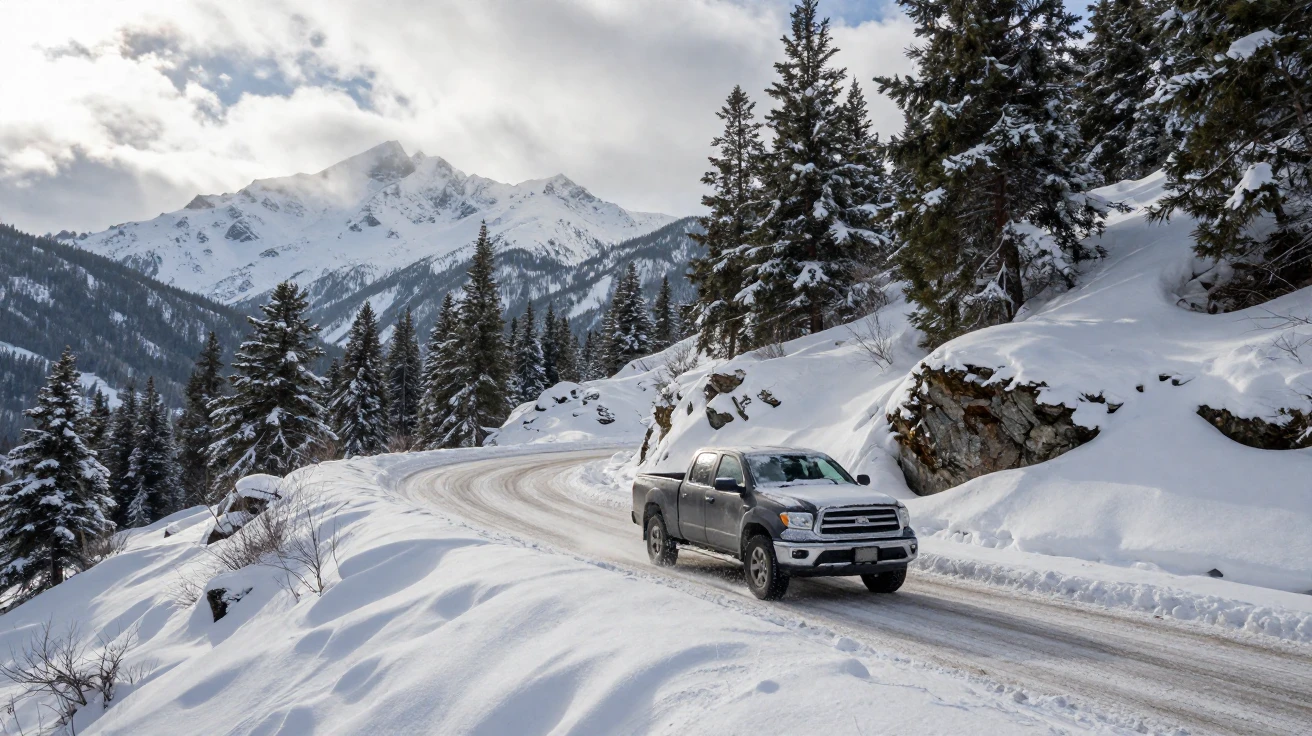 A snow-covered mountain pass reveals a lone truck navigating switchbacks.