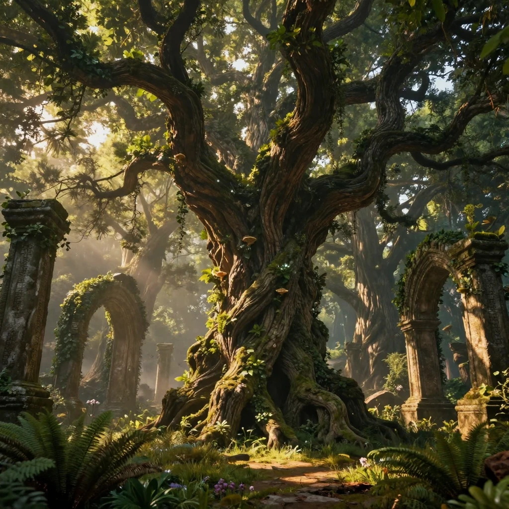 A towering treant guarding an ancient grove standing within the ruins of a forgotten kingdom