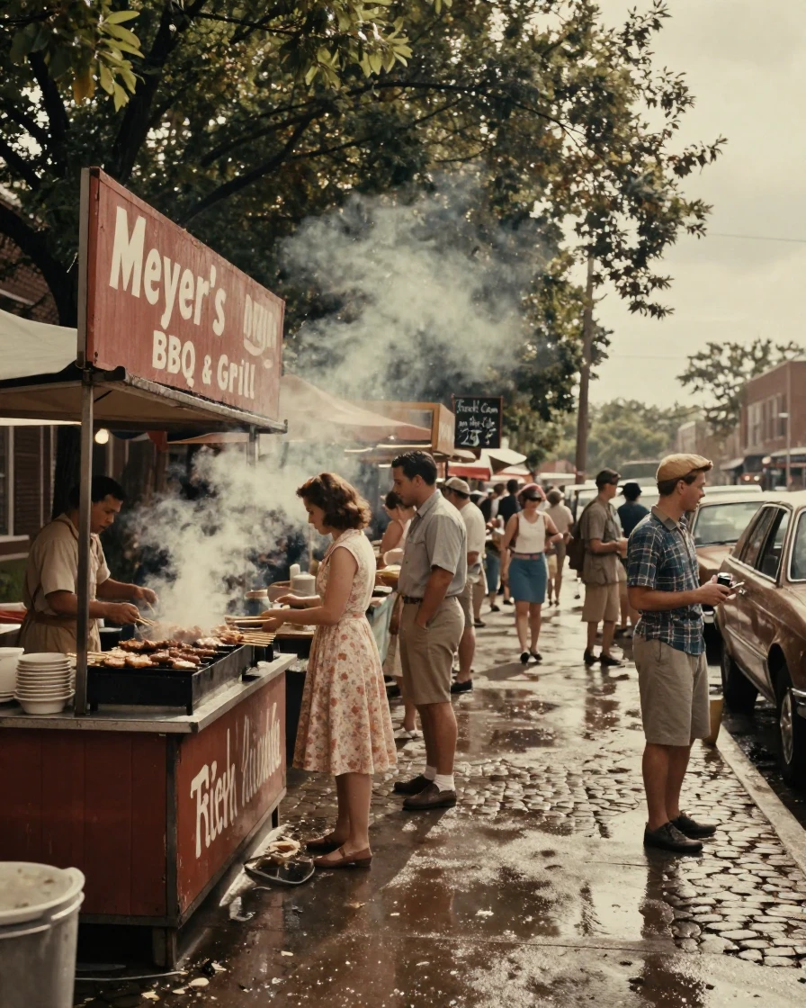 A crowded street food stall with sizzling grills and rising smoke, in dappled light filtering through leaves, just after a rain shower, with puddles reflecting the sky, in the height of summer, with a soft sepia-tinted glow, from a wide establishing view.