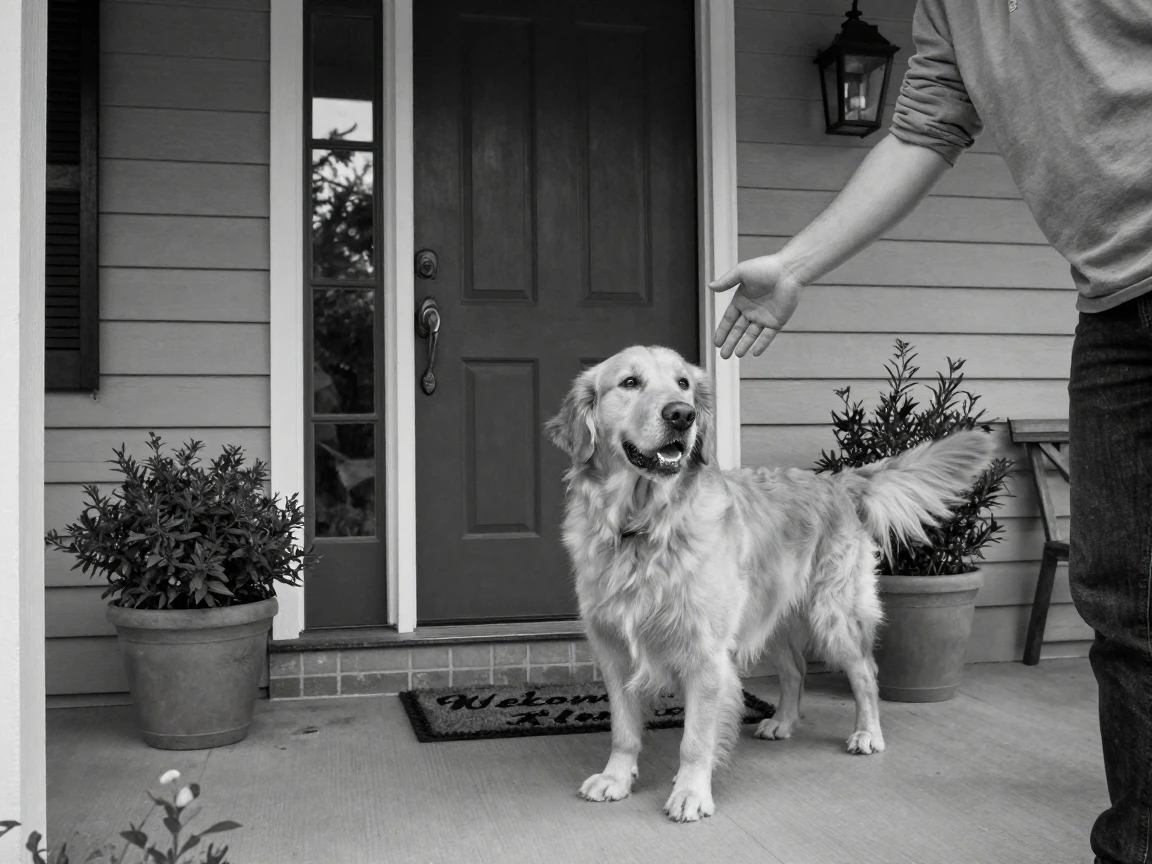 A golden retriever greets its owner at the door at the front door of a suburban home.