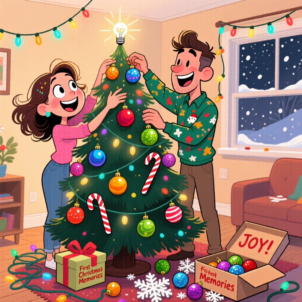 A couple decorating their first Christmas tree together in a new apartment.