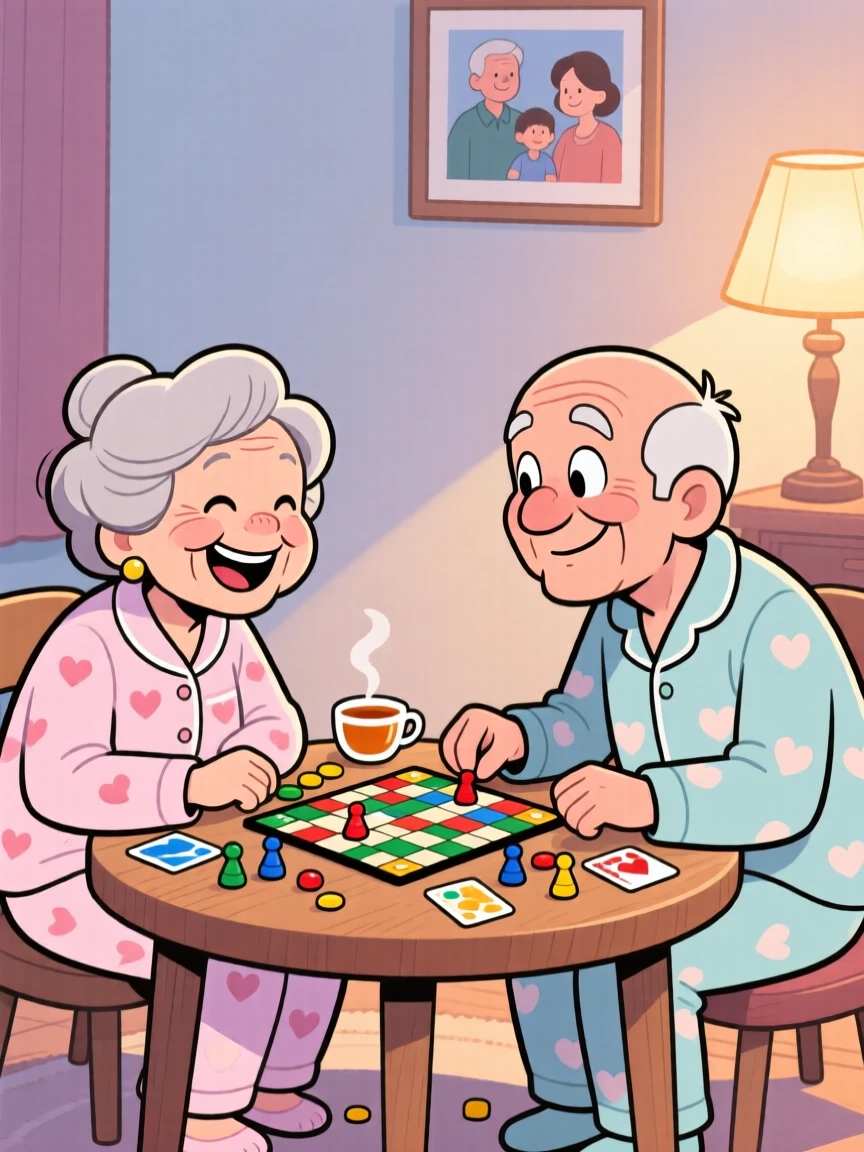 A heartwarming scene of an elderly couple playing a board game that has clearly gotten too competitive, with warm smiles and matching pajamas.