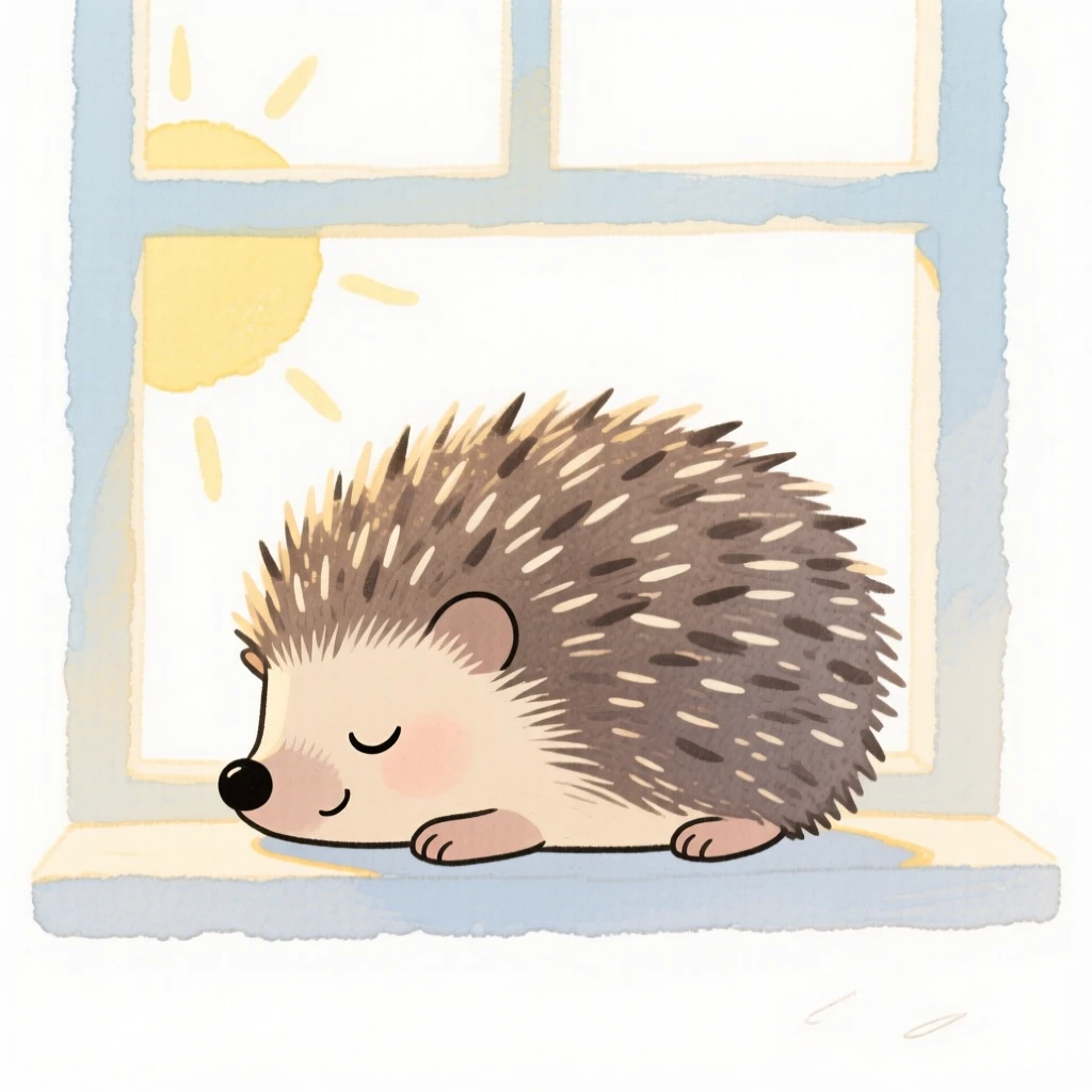A hedgehog napping in a sunbeam by a window